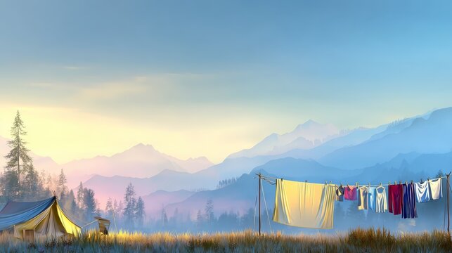 Camping tent drying clothes outdoors temporary shelter with fresh laundry hanging on lines