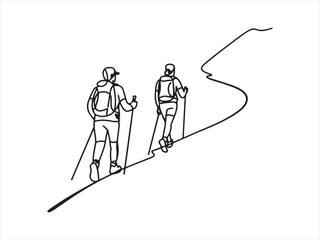 Two hikers walking with backpacks trekking on mountain trail landscape line art vector illustration © Digital Designer