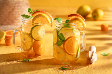 Fresh and tasty lemonade with soda, citrus and lime.