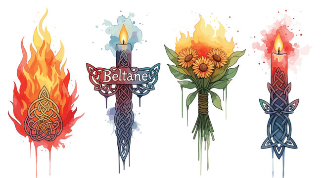 Celtic knotwork symbols of fire, flowers, and candles for Beltane celebration