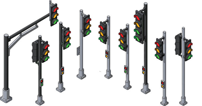 Isometric Traffic Light Icon Set Showing Road Signal Poles with Red Yellow Green Lights for Urban Transportation Systems and Vector Design