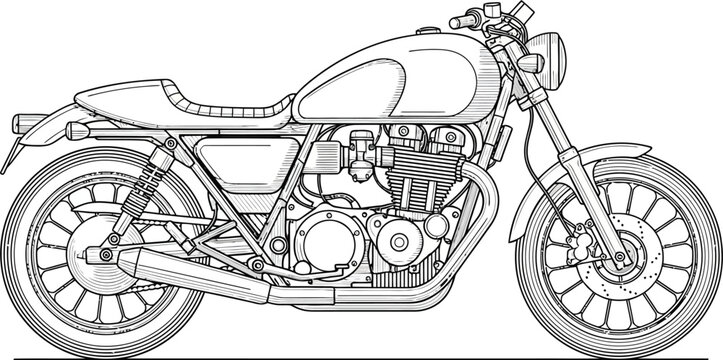 Vintage cafe racer motorcycle side view Detailed black and white line art illustration.