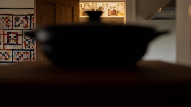 Illuminated pantry with jars and a blurred foreground of kitchen counter and pot