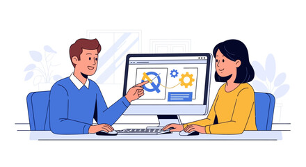 Happy Young Colleagues Collaborate on Computer