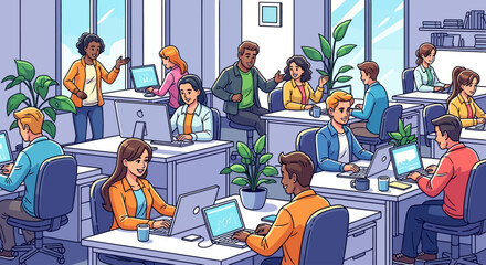 Smiling Colleagues Working Modern Open Office