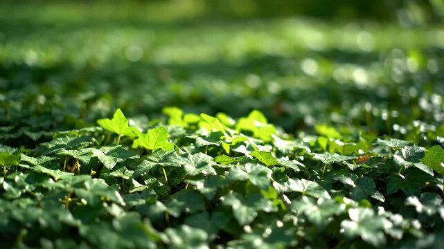 Close-up of lush green ivy ground cover, sunlit, with focus on leaves