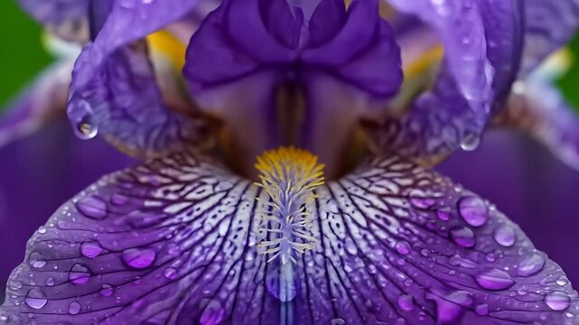 Close-up of a purple iris flower covered in glistening water droplets, with yellow center