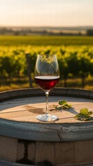 Fototapeta premium Wine in Vineyard: A fine glass of red wine sits atop a weathered barrel, offering a glimpse of the lush vineyard beyond. the perfect embodiment of refinement and natural beauty.