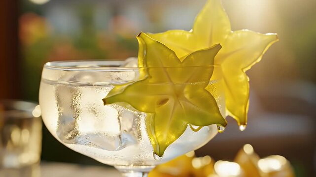 A cocktail with ice and a star fruit garnish, illuminated by sunlight
