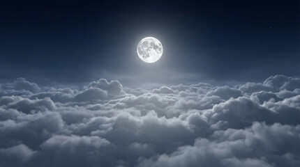 Fototapeta premium Full moon shining brightly above a sea of fluffy clouds in a dark, starry night sky.