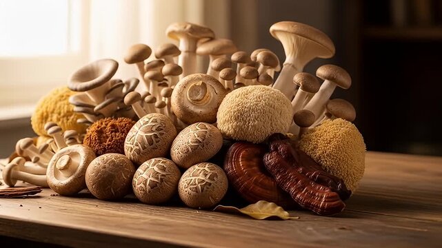 An artistic still life photo showcasing a diverse variety of fresh, edible mushrooms