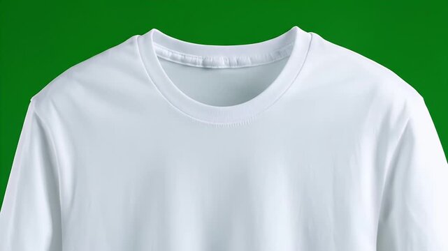 A close-up of a white, round-neck t-shirt against a green backdrop