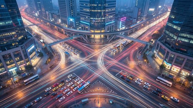 A vibrant aerial view of a busy urban intersection at night with light trails from vehicles crisscrossing between tall skyscrapers.