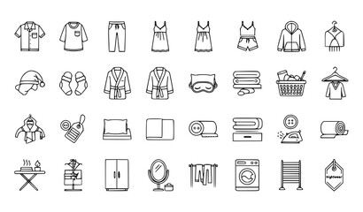 Fototapeta premium Pajama and Sleepwear Thin Line Icons Pixel Perfect Clothing Vector Set