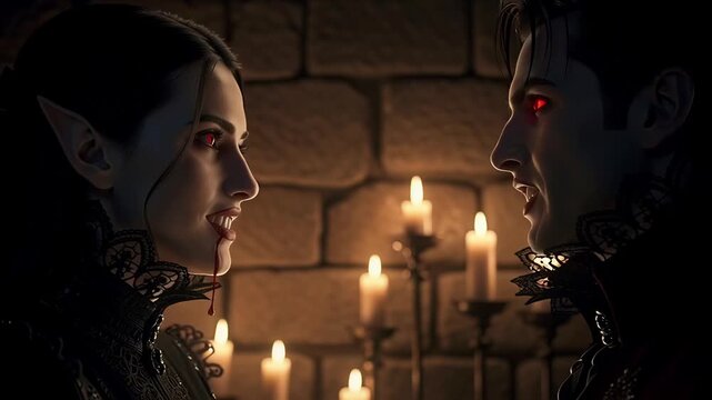 Vampire Couples Intense Gaze in Candlelit Chamber.