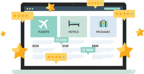 Travel website interface vector illustration, featuring flights, hotels, and packages on a laptop, with rating stars and prices.