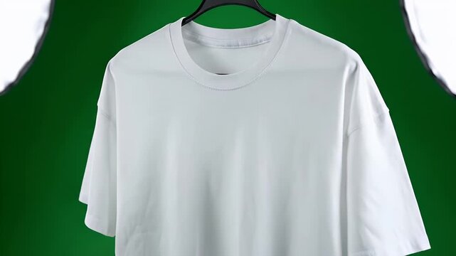 A white crewneck t-shirt on a hanger before a green studio backdrop