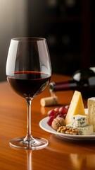 Naklejka premium Elegant Wine Tasting: A crystal-clear wine glass holds rich red wine, complemented by a plate of fine cheeses, grapes, and nuts, creating an inviting scene of indulgence and culinary pleasure.