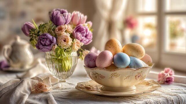 Close-up of decorated Easter table with pastel colored eggs in a vintage bowl, fresh spring flowers in a glass vase, linen tablecloth, soft morning sunlight coming through window, cozy home interior.