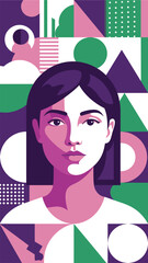 International Women's Day A vibrant geometric illustration of a woman's portrait in purple, pink, and green hues