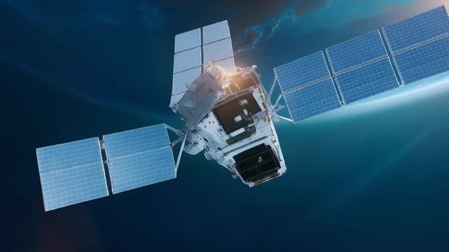 A satellite in space with deployed solar panels against the backdrop of Earth and the sun