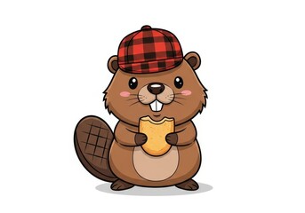Fototapeta premium Cute cartoon beaver wearing a plaid hat and eating a cookie. Playful animated mascot illustration for kid products.