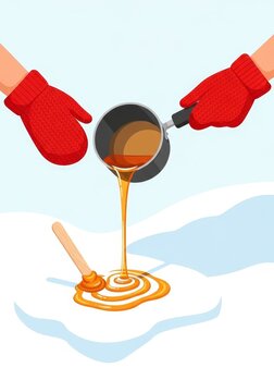 Two hands in red mittens pour maple syrup from a saucepan onto snow for a winter traditional sweet candy treat. Canadian sugar shack dessert concept.