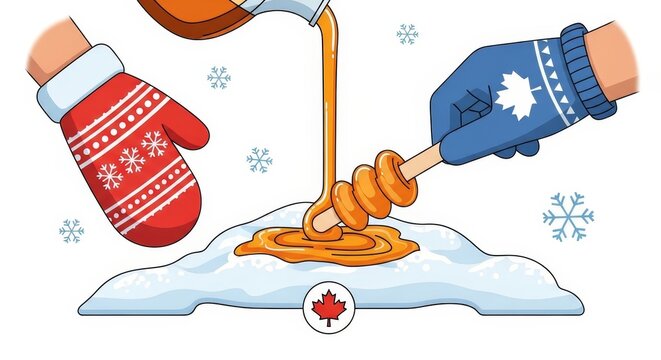 Hands with mittens making maple taffy on snow for Winter holiday season celebration. Traditional Canadian dessert food as sweet treat.