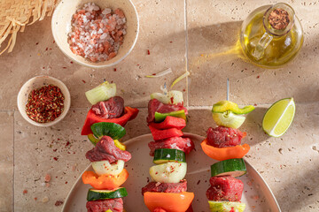 Before roasted fresh skewers with onion, peppers and meat.