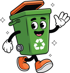 Cute recycling bin mascot character waving happily eco friendly cartoon trash can illustration for waste management sustainability education vector design stock marketing