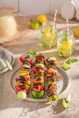 Hot roasted skewer with vegetables and beef.