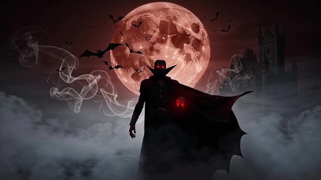 Vampire Silhouette Against Blood Moon and Bats in a Spooky Night.