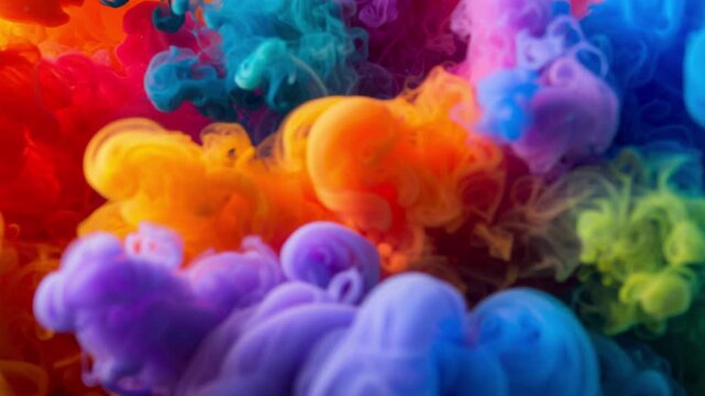 A mesmerizing burst of vibrant colored smoke creating an abstract, dynamic backdrop of swirling fluid patterns and dreamy textures, perfect for artistic and creative projects