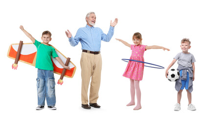 Grandpa spending time with his grandchildren on white background