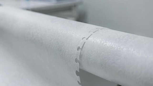 Closeup of medical exam table paper being slit and rolled highlighting the smooth texture and precise perforations for easy tearing during medical examinations.