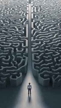Businessman Standing on a Straight Clear Path Through a Complex Labyrinth, Concept of Efficiency, Innovation and Finding Business Solutions
