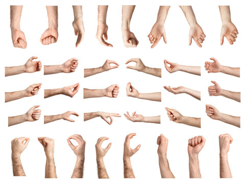 Men holding something, closeup. Set of hand gestures isolated on white