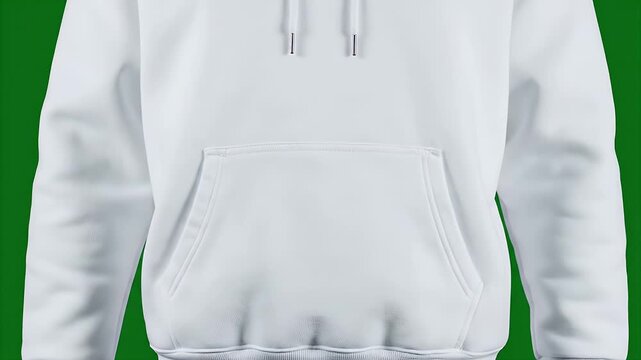 A white hoodie, featuring a kangaroo pocket and drawstring on a green background