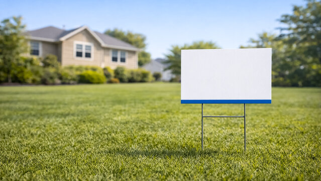 A blank yard sign positioned on a residential lawn with blurred house in the background. Copy space or template banner.