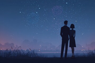 Fototapeta premium Romantic Evening with Fireworks and Elegant Couple Silhouette