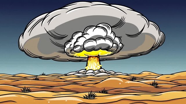 Cartoon style nuclear explosion in the desert, atomic mushroom cloud comic book animation.