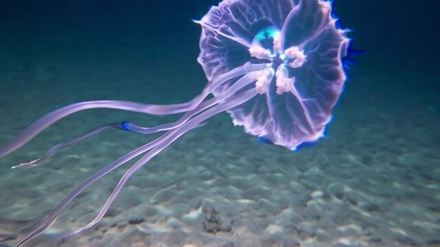 Mauve stinger jellyfish drifting above the seabed in clear blue water.