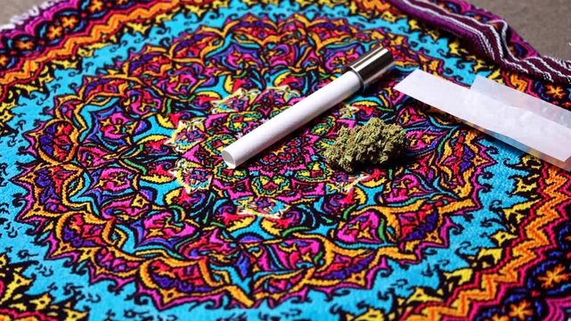 Cannabis bud with rolling paper and tube placed on a vivid patterned textile.