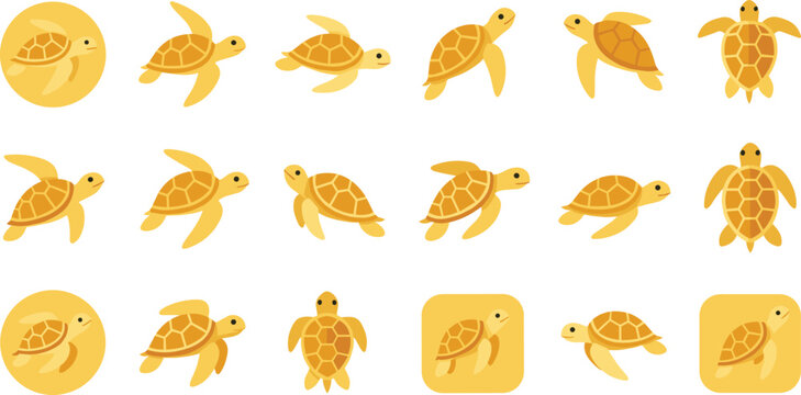 Sea Turtle Icon Collection with Swimming Top View and Circular Badge Variations in Golden Flat Style for Marine Wildlife Vector Design.