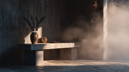 Obraz premium Dimly Lit Interior Featuring Stone Table with Vases Plant and Lantern Accented by Atmospheric Smoke Effect in Dark Room