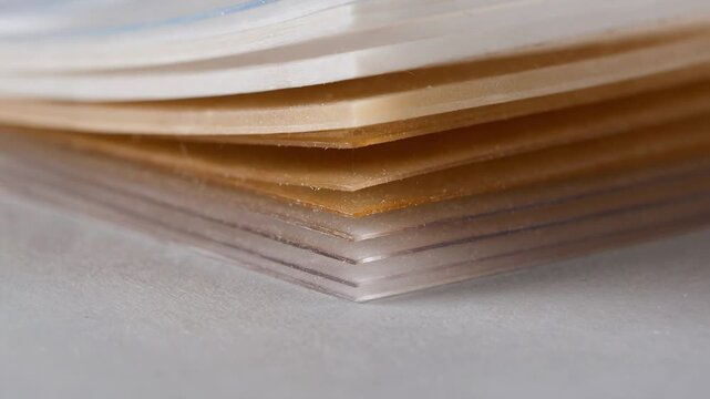Closeup medium shot of minimal polymer multilayer stacks emphasizing ecofriendly design with reduced plastic use maintaining strong barrier functions for recyclable packaging.