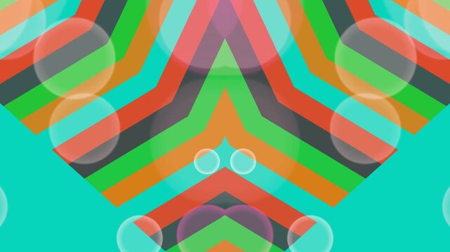 Vibrant abstract illustration featuring chevron patterns and bubbles on a teal background viewed from a straight-on perspective