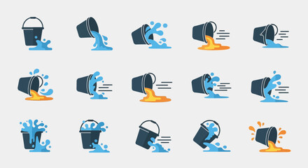 Collection of buckets spilling water and paint illustrating various liquid movements and splashes. © Kelik