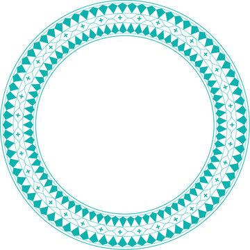 Teal geometric pattern round frame vector. Decorative circular border with diamond and cross shapes in a repeating ethnic style. Created in flat graphic style with a teal and white palette.