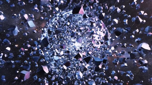 Abstract explosion with angular crystal-like forms and radiating white light